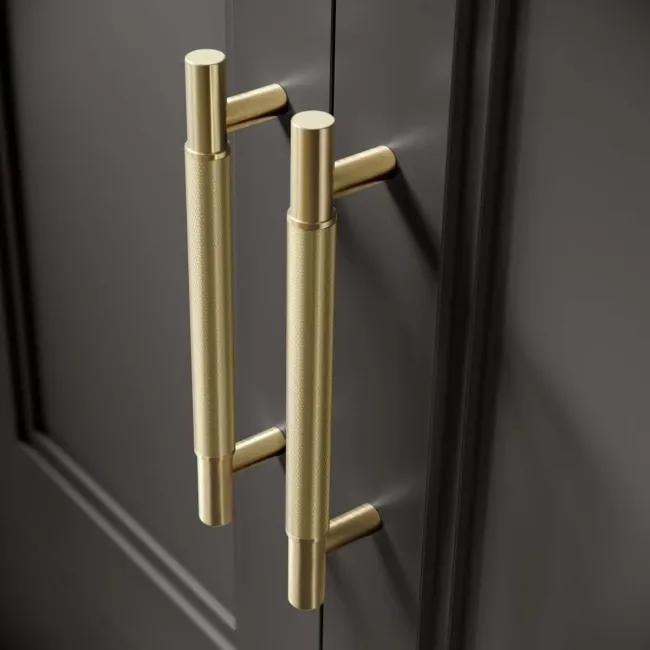 Monaco Graphite Grey Combination Vanity Traditional Basin and Hudson Toilet with Wooden Seat 1500mm - Brass Knurled Handles