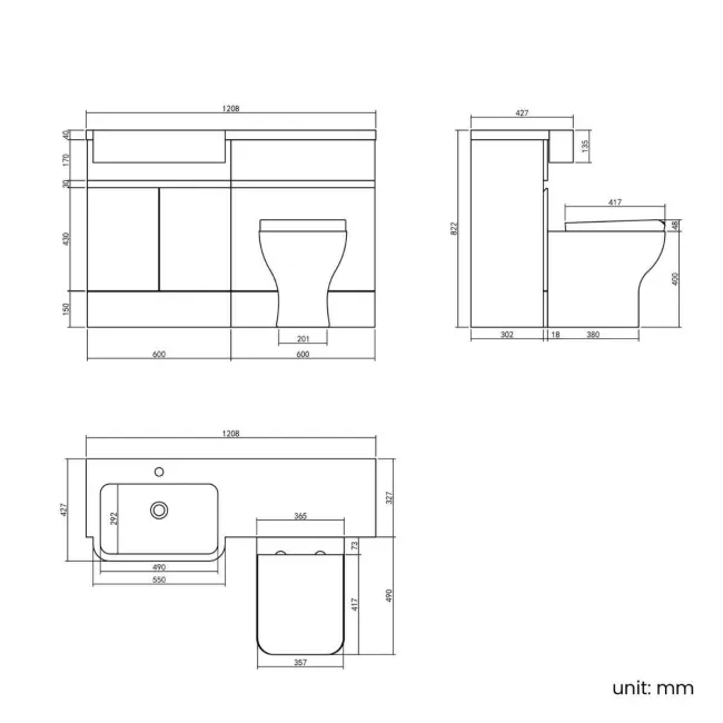Foster Tungsten Grey Combination Vanity Basin and Houston Toilet 1200mm - Left Handed