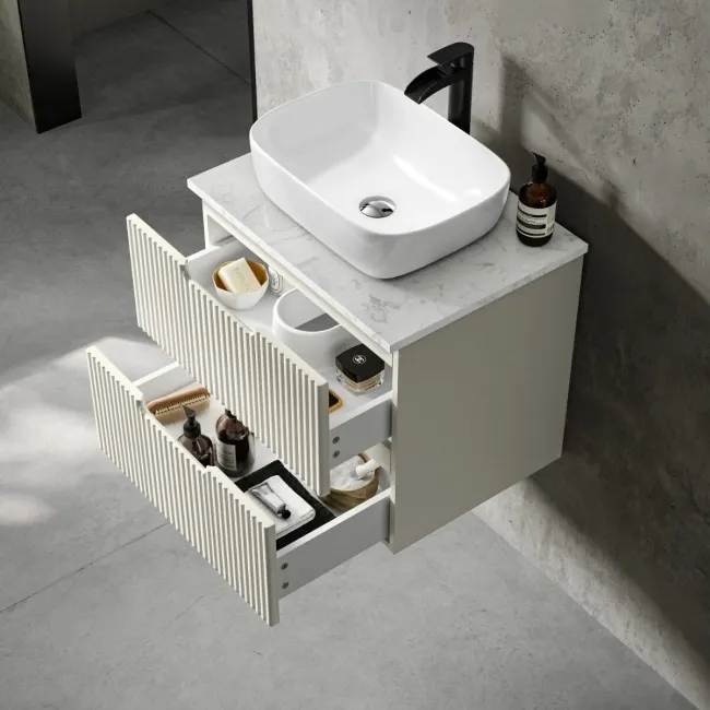 Crete Fluted Linen White Wall Hung Drawer Vanity with Marble Top & Curved Basin 600mm