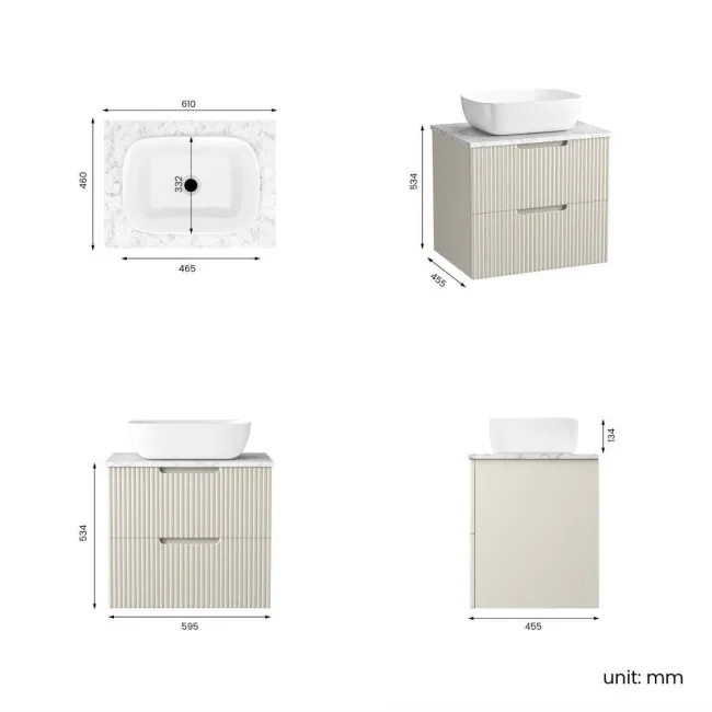 Crete Fluted Linen White Wall Hung Drawer Vanity with Marble Top & Curved Basin 600mm