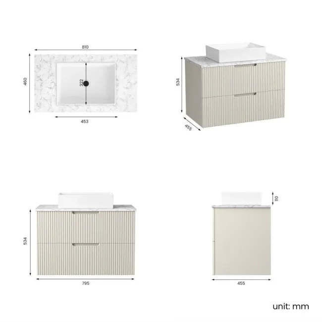Crete Fluted Linen White Wall Hung Drawer Vanity with Marble Top & Cody Basin 800mm