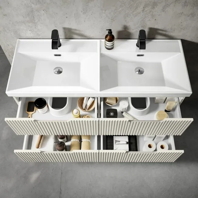 Crete Fluted Linen White Wall Hung Double Basin Drawer Vanity 1200mm