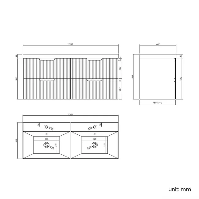 Crete Fluted Linen White Wall Hung Double Basin Drawer Vanity 1200mm