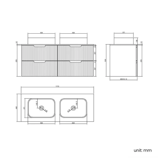 Crete Fluted Linen White Double Wall Hung Drawer Vanity with Marble Top & Marin Basin 1200mm