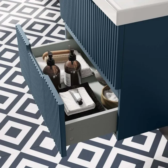 Crete Fluted Navy Blue Wall Hung Basin Drawer Vanity 600mm