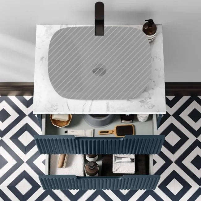 Crete Fluted Navy Blue Wall Hung Drawer Vanity with Marble Top 600mm - Excludes Counter Top Basin