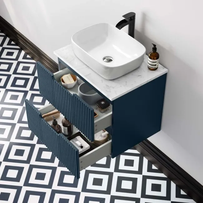 Crete Fluted Navy Blue Wall Hung Drawer Vanity with Marble Top & Curved Basin 600mm
