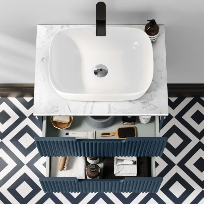 Crete Fluted Navy Blue Wall Hung Drawer Vanity with Marble Top & Curved Basin 600mm