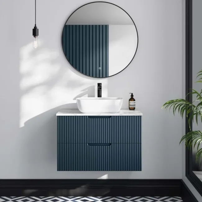 Crete Fluted Navy Blue Wall Hung Drawer Vanity with Marble Top & Curved Basin 800mm