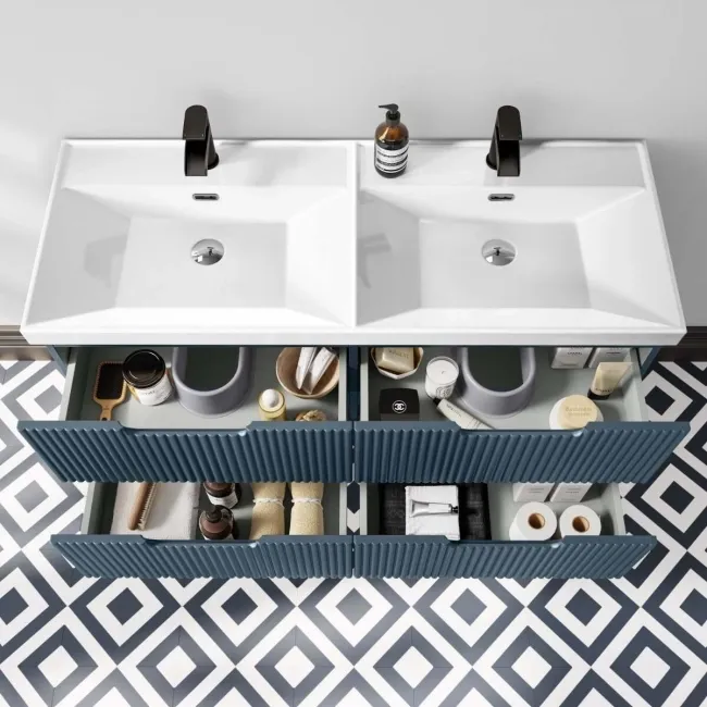 Crete Fluted Navy Blue Wall Hung Double Basin Drawer Vanity 1200mm