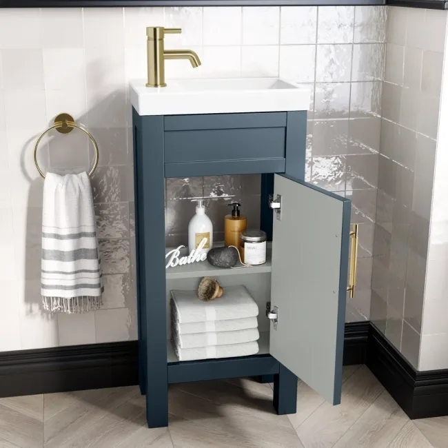 Bermuda Inky Blue Cloakroom Basin Vanity 400mm - Brass Knurled Handles