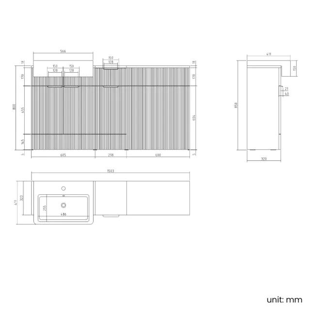 Sicily Fluted Coastal White Combination Vanity Basin 1500mm (Excludes Toilet) - Chrome Handles
