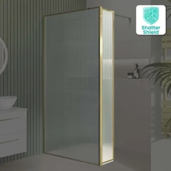 Munich Fluted Effect Brushed Brass Easy Clean 8mm Pivotal Wet Room Shower Glass Return Panel 250mm
