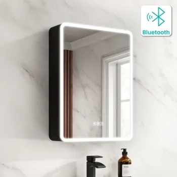 Aurora Matt Black Illuminated LED Mirror Cabinet With BLUETOOTH Speaker 600x450mm