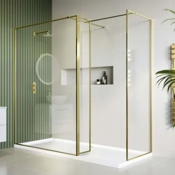 Munich Brushed Brass Framed 8mm Walk In Shower Enclosure 1400mm & 700mm Glass with Return Panel