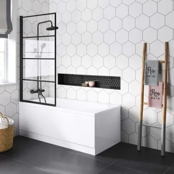 Stafford 1500x700 Round Shower Bath & 6mm Easy Clean Matt Black Grid Bath Screen