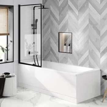 Hereford 1800x800 Square Shower Bath & 6mm Easy Clean Matt Black Framed Bath Screen