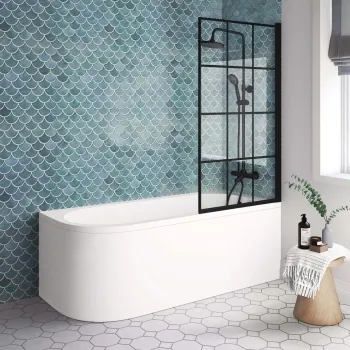 Oakham Space Saving Shower Bath 1700 & 6mm Easy Clean Matt Black Grid Bath Screen - Right Handed