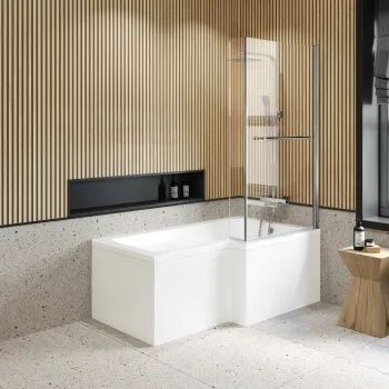 L Shaped 1600 Shower Bath & 6mm Easy Clean Screen with Rail - Right Handed