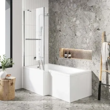 L Shaped 1500 Shower Bath with Front Panel & 4mm Fixed Screen with Rail - Left Handed