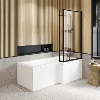 L Shaped 1700 Shower Bath & 6mm Easy Clean Matt Black Framed Bath Screen - Right Handed