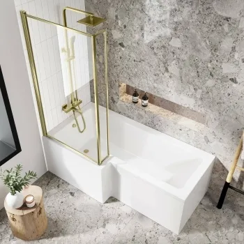 L Shaped 1700 Shower Bath & 6mm Easy Clean Brushed Brass Bath Screen - Left Handed