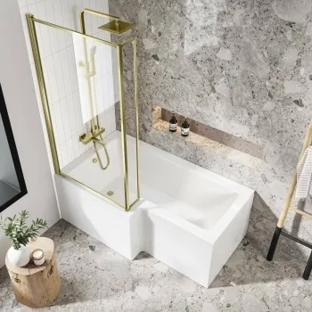 L Shaped 1600 Shower Bath with Front Panel & 6mm Easy Clean Brushed Brass Bath Screen - Left Handed