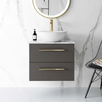 Elba Graphite Grey Wall Hung Drawer Vanity with Marble Top & Oval Counter Top Basin 600mm - Brushed Brass Accents