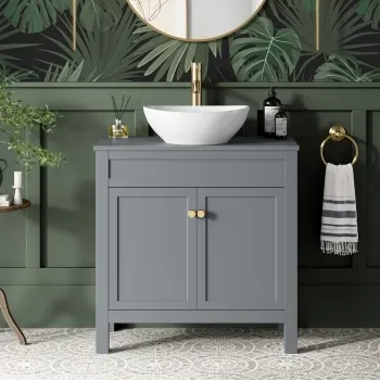 Bermuda Dove Grey Vanity with Oval Counter Top Basin 800mm - Brushed Brass Accents