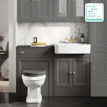 Monaco Graphite Grey Combination Vanity Basin and Hudson Toilet with Wooden Seat 1200mm - Brushed Brass Accents