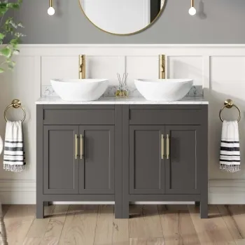 Bermuda Graphite Grey Vanity with Marble Top & Oval Counter Top Basin 1200mm - Brass Knurled Handles