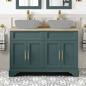 Lucia Midnight Green Cabinet with Oak Effect Top 1200mm (Excludes Counter Top Basins) - Brass Knurled Handles