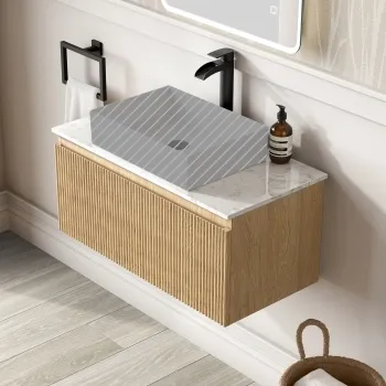 Malta Fluted Country Oak Wall Hung Drawer Vanity with Marble Top 800mm - Excludes Counter Top Basin