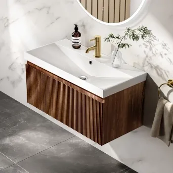 Malta Fluted Black Walnut Wall Hung Basin Drawer Vanity 800mm