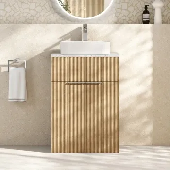 Havana Fluted Country Oak Cabinet with Marble Top & Marin Basin 600mm - Chrome Handles