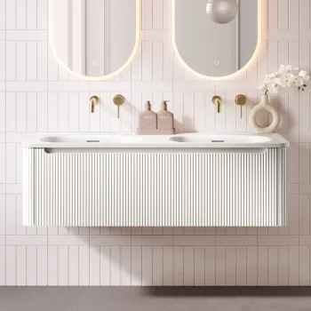 Sorrento Fluted Coastal White Wall Hung Drawer Vanity with Matt White Double Basin 1200mm