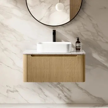 Sorrento Fluted Country Oak Wall Hung Drawer Vanity with Marble Top & Marin Basin 800mm