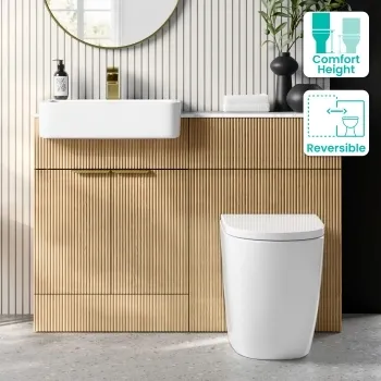Sicily Fluted Country Oak Combination Vanity Basin with Marble Top & Utah Comfort Height Toilet 1200mm - Brushed Brass Accents