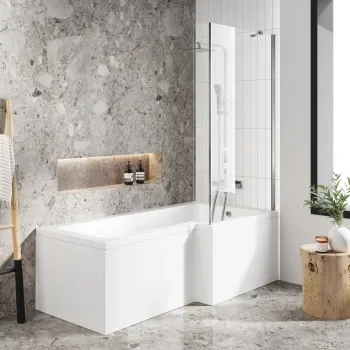 L Shaped 1700 Shower Bath with Front Panel & 4mm Fixed Screen - Right Handed
