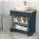 Lucia Inky Blue Vanity with Oak Effect Top & Curved Counter Top Basin 840mm - Brushed Brass Accents