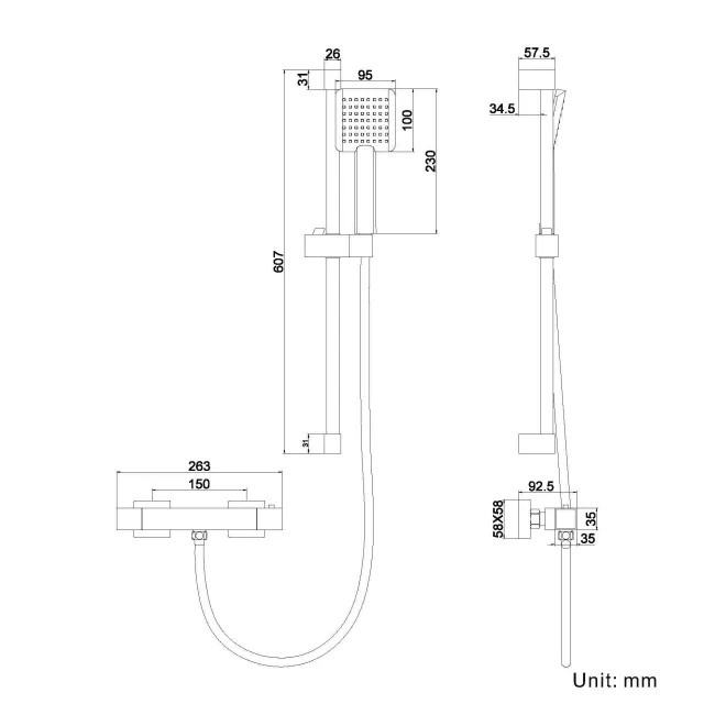Carrick Matt Black Square Thermostatic Bar Shower Set