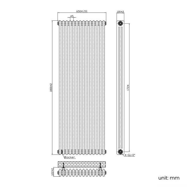 Athens Matt Black Triple Column Vertical Traditional Radiator 1800x650mm
