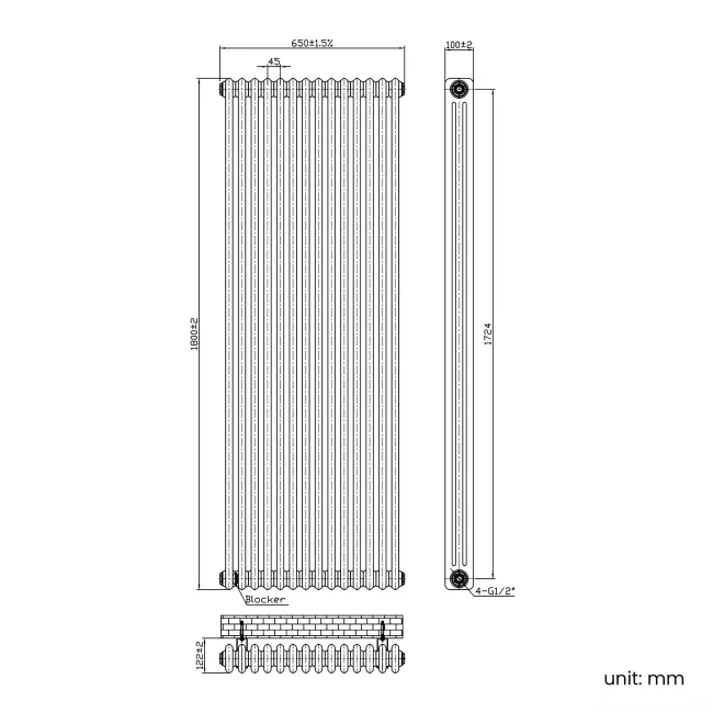 Athens Anthracite Triple Column Vertical Traditional Radiator 1800x650mm