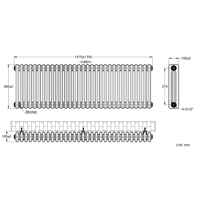 Athens White Triple Column Horizontal Traditional Radiator 450x1415mm