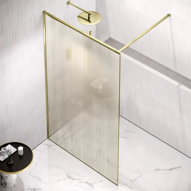 Lyon Brushed Brass 8mm Laminated Wet Room Shower Glass Panel with Gold Mesh Inlay 1100mm