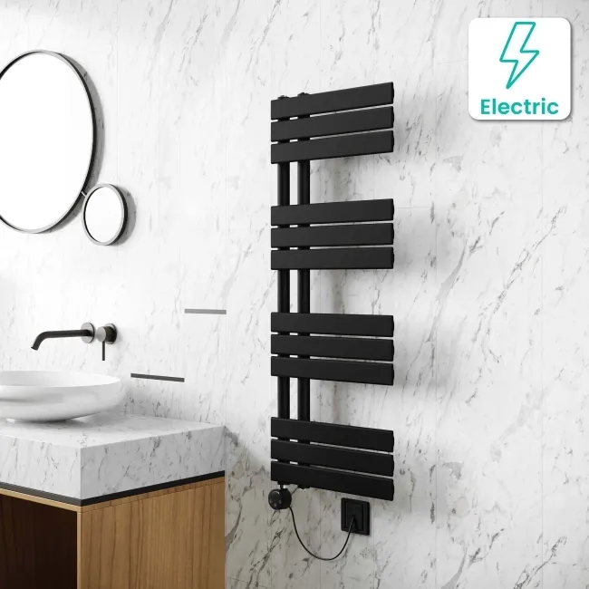Seville Electric Matt Black Designer Flat Panel Heated Towel Rail 1200x450mm