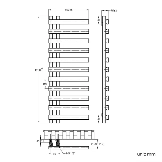 Palermo Electric Chrome Designer Heated Towel Rail 1200x450mm