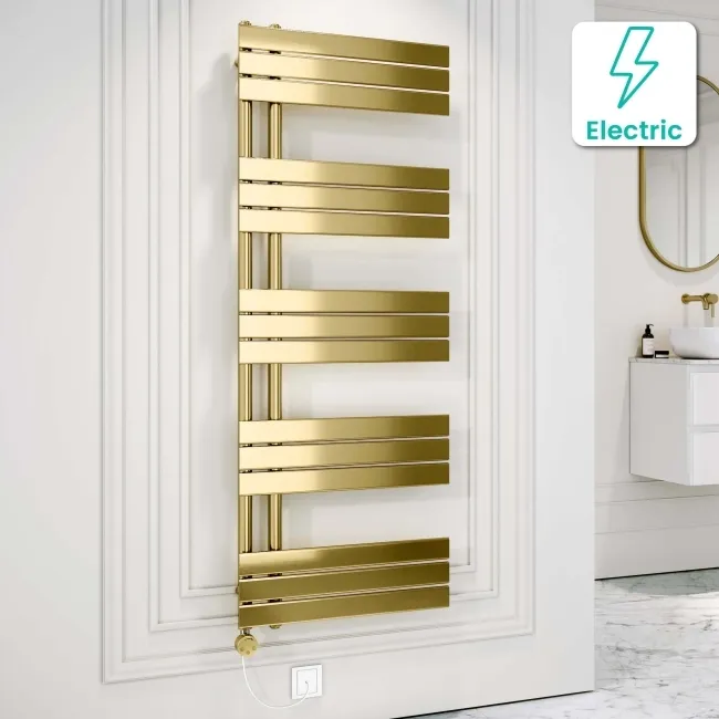 Seville Electric Brushed Brass Designer Flat Panel Heated Towel Rail 1600x600mm