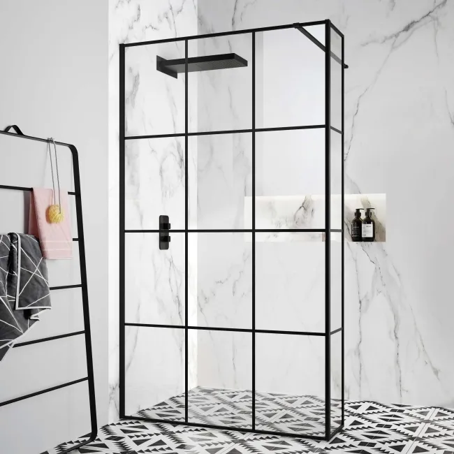 Munich Matt Black Grid 8mm Wet Room Shower Glass 1200mm & 250mm Return Panel