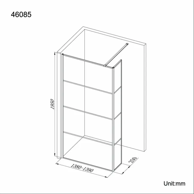 Munich Matt Black Grid 8mm Wet Room Shower Glass 1400mm & 250mm Return Panel